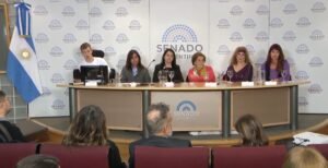 Ivan junto a todos los disertantes en la mesa sobre el escenario, frente a muchos presentes, de fondo el logo del Senado Argentina, bandera nacional a un lado.