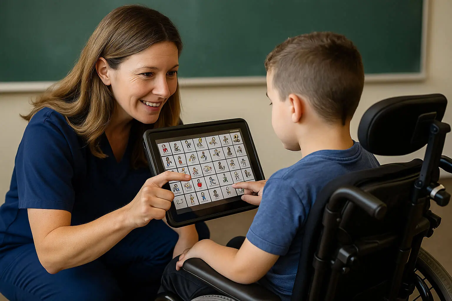 Profesora brinda herramientas prácticas del taller CAA para docentes a un niño en silla de ruedas dentro de un aula inclusiva