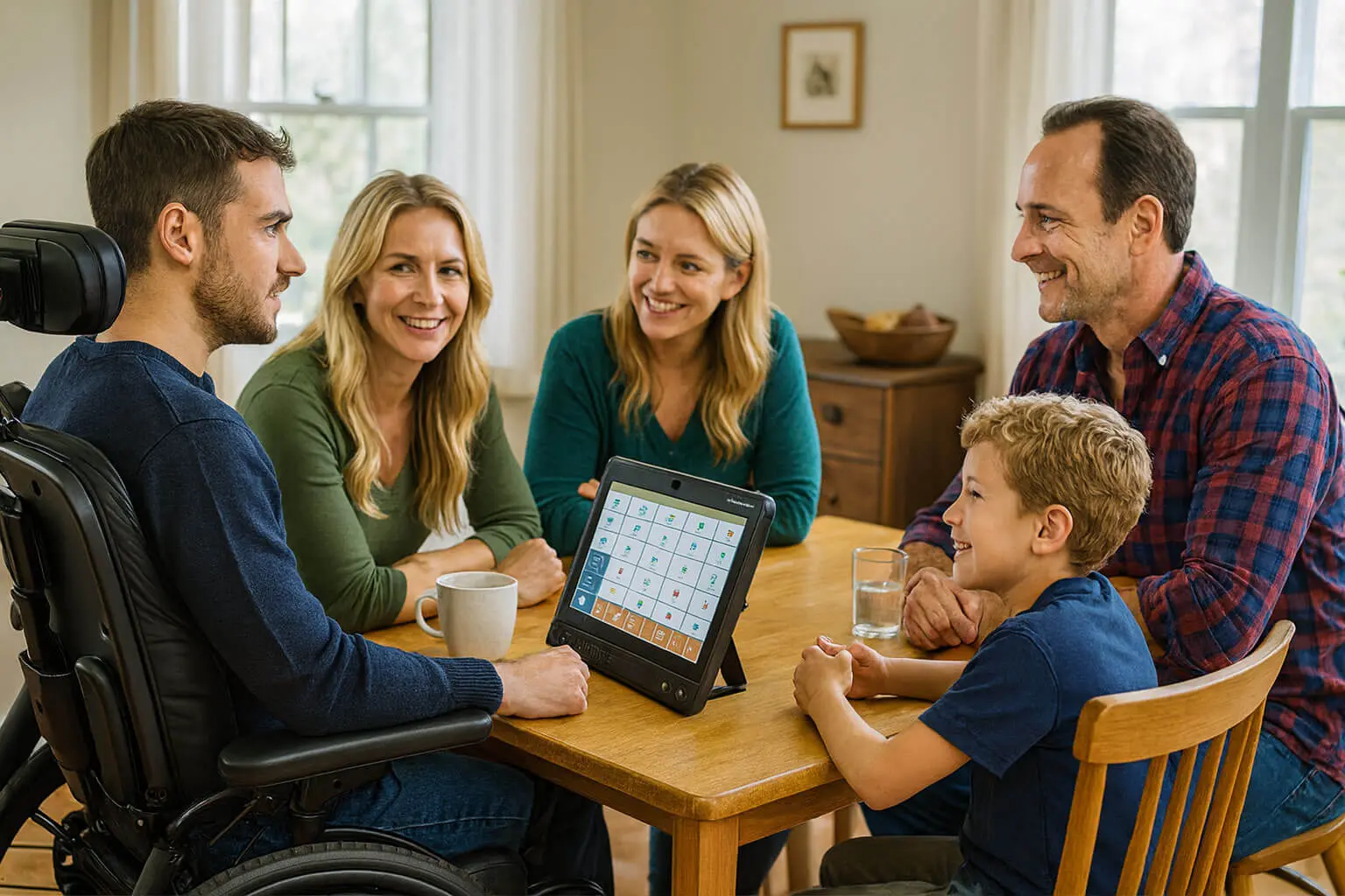 Familia reunida en casa en un entorno inclusivo, conversando con un integrante en silla de ruedas que utiliza un dispositivo de comunicación accesible y aumentativa (CAA) como parte del curso CAA familias comunicación aumentativa y alternativa.
