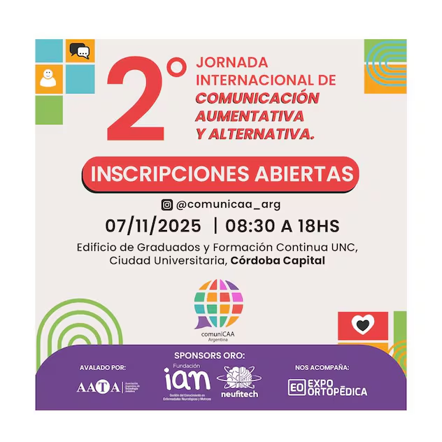 Afiche de la 2ª Jornada Internacional de Comunicación Aumentativa y Alternativa en Córdoba, con información de inscripciones abiertas para el evento 2025.